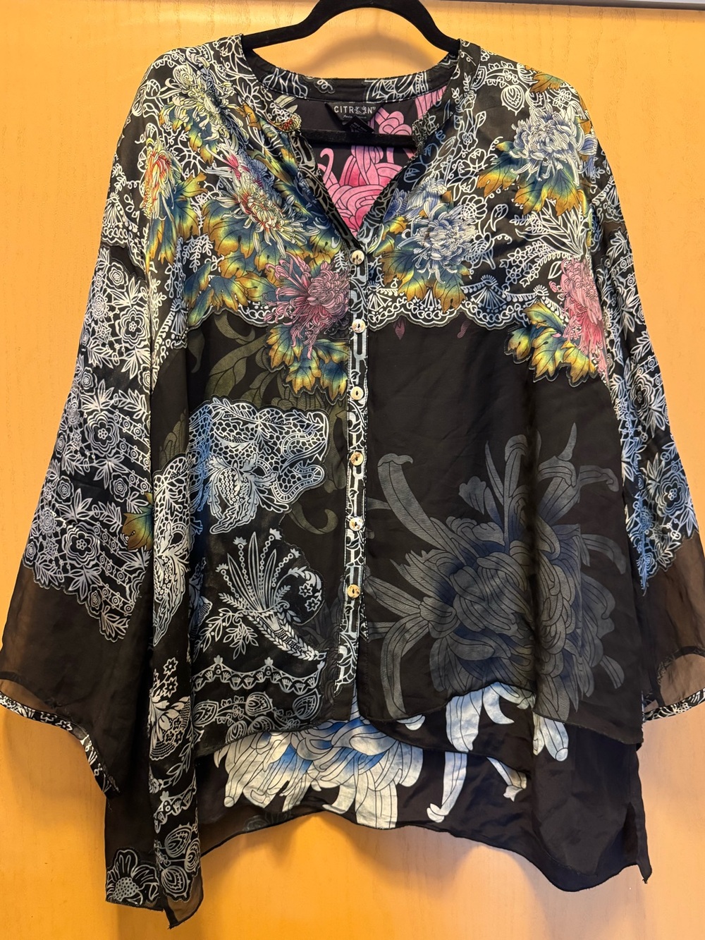 Citron Los Angeles 100% Silk Women's Floral Asian Lace-Print Sheer Blouse 2X